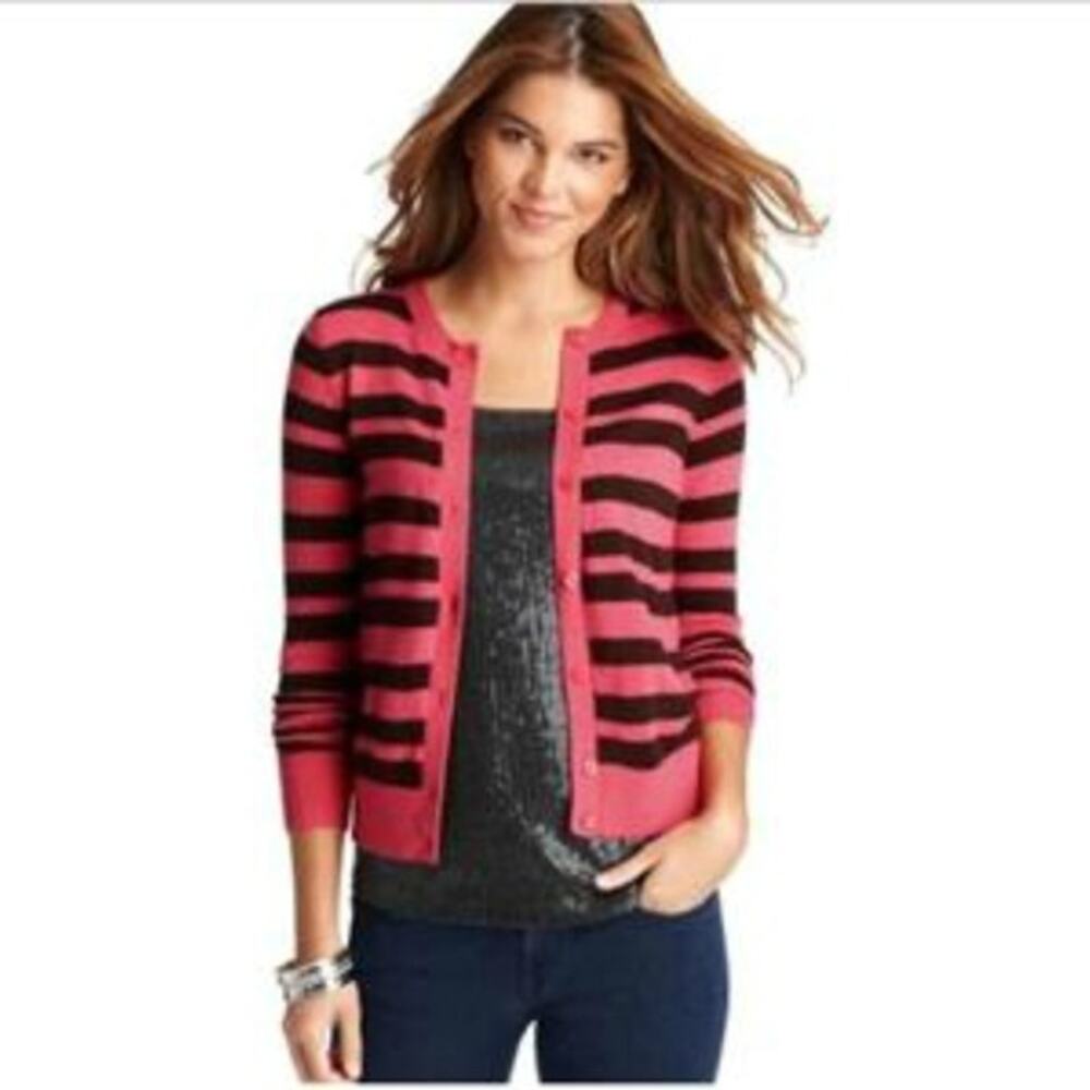 Ann‎ Taylor LOFT Womens Sweater Sz XS Striped Crewneck Cardigan Pink Chocolate